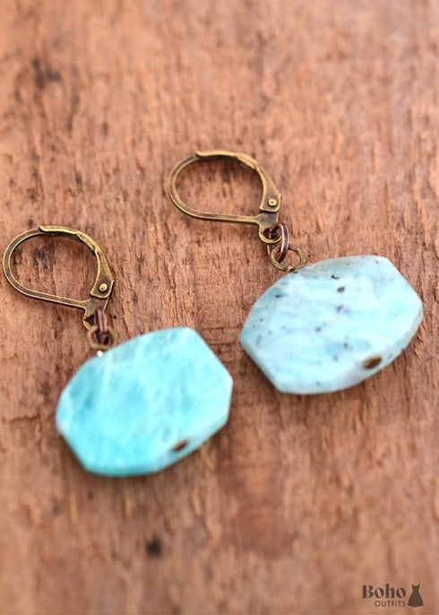 Boho Earrings, Dangle Earrings, Hexagon Blue Amazonite